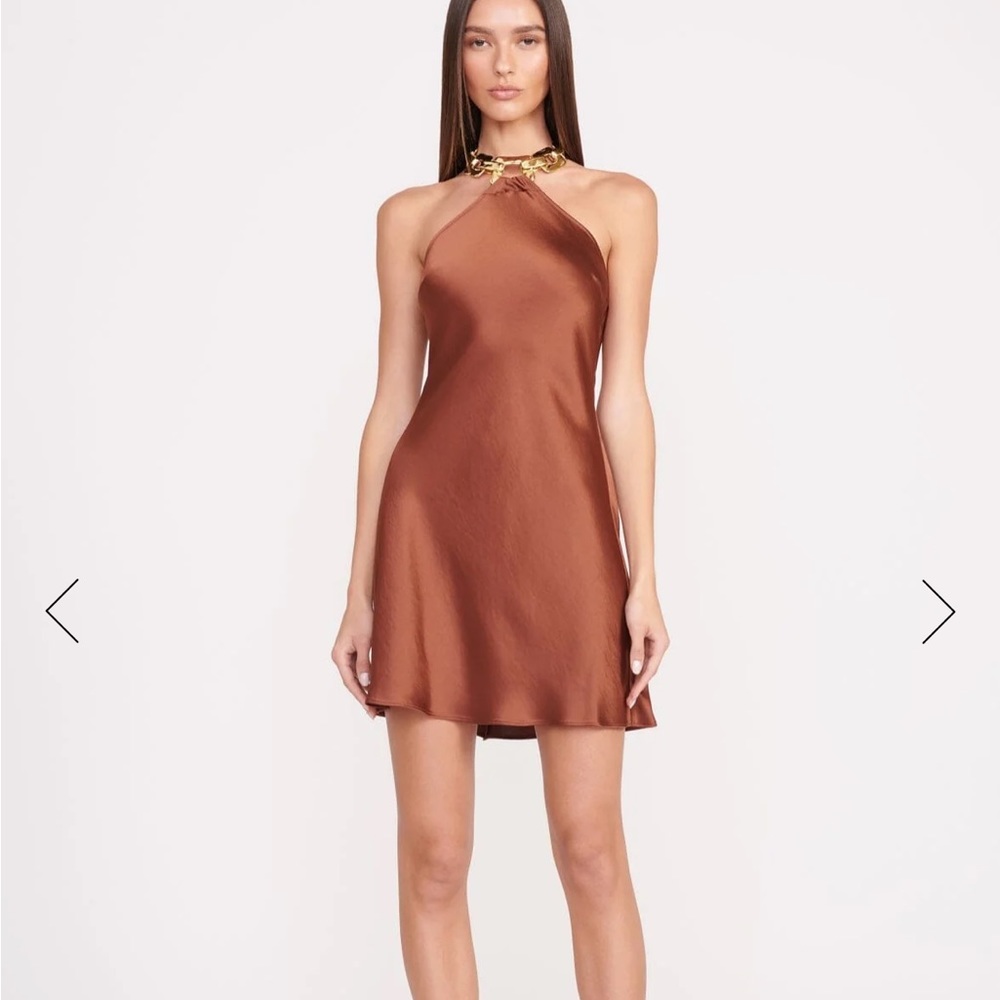 Staud brown mini dress with gold necklace halter
